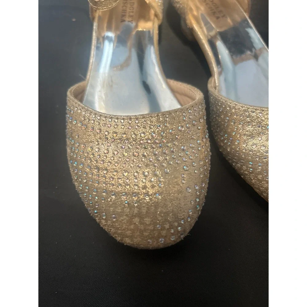 Badgley Mischka Girls Gold Glitter Rhinestone Ankle Strap‎ Dress Shoes Size 2